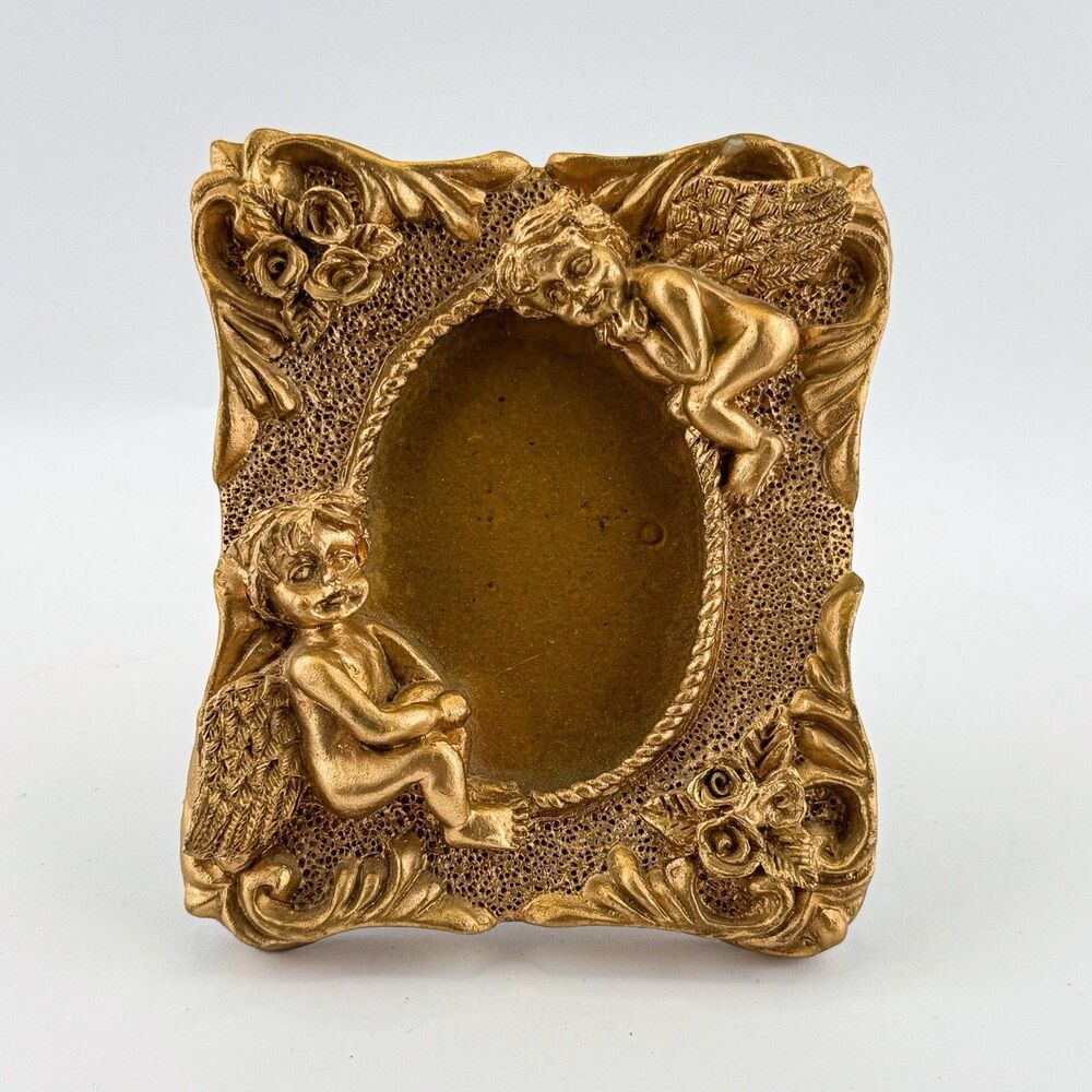 Vintage Baroque Ornate Gold Ceramic Cherub Picture Frame Holds 2x2